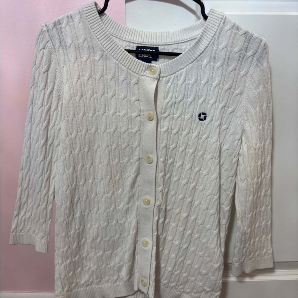 Lands' End White Cable Knit Cardigan